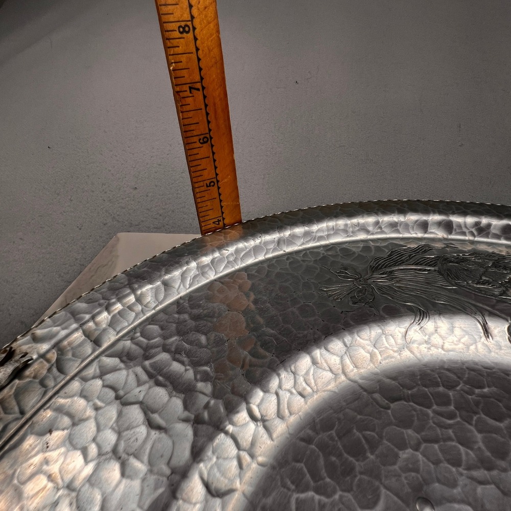 Vintage Hammered Aluminum Footed Serving Tray Silver Tulip Floral Scalloped 14.5 - Picture 6 of 16